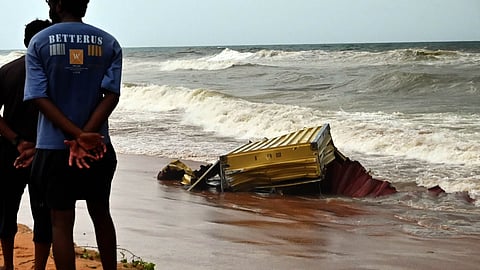 A container washed ashore at Valiyaveli beach on Tuesday