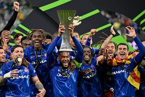 Chelsea's Reece James lifts the trophy after the Europa Conference League final soccer match between Real Betis and Chelsea in Wroclaw, Poland, Wednesday, May 28, 2025.
