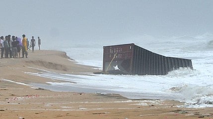 A container from cargo vessel MSC ELSA-3 that sank near Kochi has washed up on beaches along Kerala's coasts.