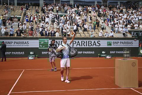 France's Richard Gasquet waves to fans after playing his last match, following his second round match of the French Tennis Open against Italy's Jannik Sinner, at the Roland-Garros stadium in Paris, Thursday, May 29, 2025.