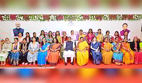 CM Mohan Charan Majhi, dy CM Pravati Parida and others at the National Lakhpati Didi Conference 2025 at Lok Seva Bhawan on Thursday 