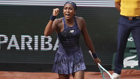 Coco Gauff of the US celebrates winning against Tereza Valentova of the Czech Republic following their second round match of the French Tennis Open, at the Roland-Garros stadium, in Paris, Thursday, May 29, 2025.