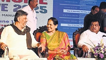 DCM DK Shivakumar, MoS Shobha Karandlaje and Minister MB Patil at the inauguration of the India MSME Conclave on Friday. 