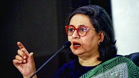 Trinamool Congress (TMC) MP Sagarika Ghose addresses a press conference in New Delhi.