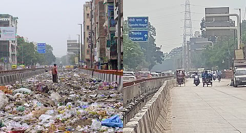 Collage of Geeta Colony road before (L) and after (R) following TNIE report exposed neglect of silt-covered stretch in East Delhi.