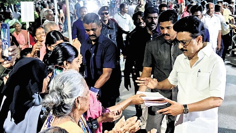 Chief Minister MK Stalin receiving petitions from the public during the two-hour roadshow that began at 5.30 pm in Madurai on Saturday 