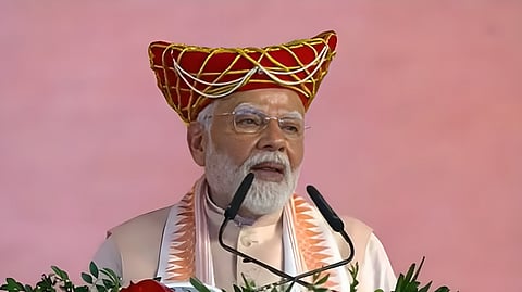 Prime Minister Narendra Modi addressing a gathering at the Lokmata Devi Ahilyabai Mahila Sashaktikaran Maha Sammelan in Bhopal.
