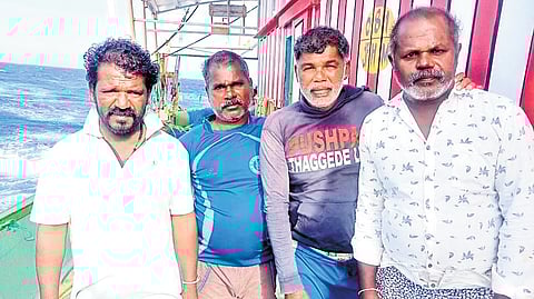 The four fishermen - Davidson, Dasan, Sabariyar and Robinson - who were rescued on Saturday after they went missing off Vizhinjam coast.
