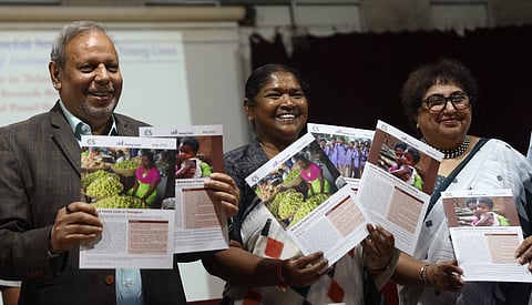 Panchayat Raj and Rural Development Minster Dansari Anasuya alias Seethakka releases the factsheets on "Well-being of the young people in Telangana" at the Centre For Economic and Social Studies in Hyderabad on Friday. 