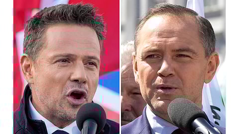 This combination of photos shows Rafal Trzaskowski, left, in Warsaw, Friday, May 9, 2025, and Karol Nawrocki, right, in Warsaw, Poland, Tuesday, May 20, 2025.