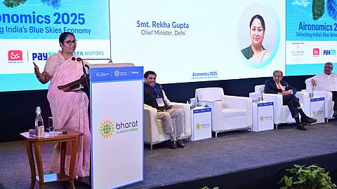 Chief Minister Rekha Gupta during the ‘Aironomics 2025’ summit on Saturday.