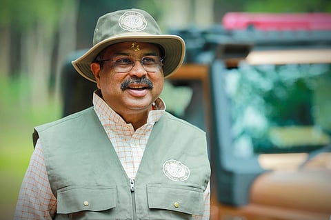 Union Minister Dharmendra Pradhan during a visit to Ushakothi Wildlife Sanctuary, at Badarma in Sambalpur district, Odisha.