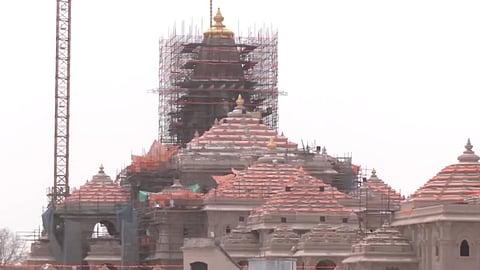 Long view of Ram temple after installation of gold plated Kalash on the spire.