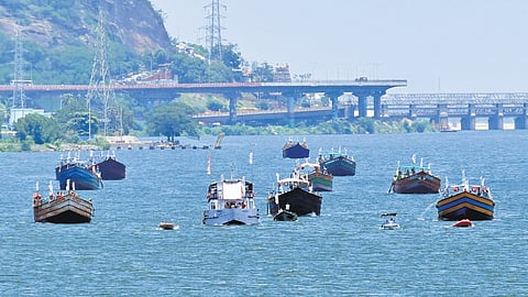 R&B Minister BC Janardhan Reddy flagged off the Boat Marathon to promote inland water transport at Punnami Ghat in Vijayawada on Monday 