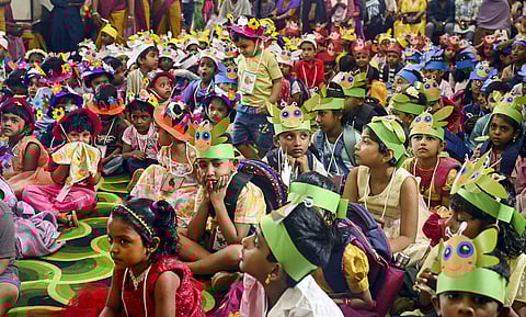 Students at a school on the first day of the new academic year as educational institutions reopen in Kerala.