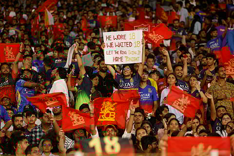 RCB fans supporting their teaming during the 2025 IPL (Season 18) final at the Narendra Modi Stadium in Ahmedabad on Tuesday