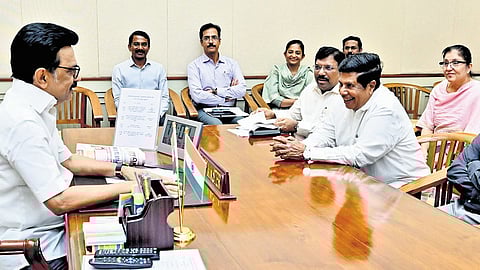 CM MK Stalin speaking to the high-level committee at the Secretariat on Monday.