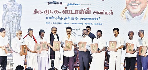 Stalin released a book on the DMK’s achievements over the past four years on Tuesday. Copies were received by VCK chief Thirumavalavan and others 