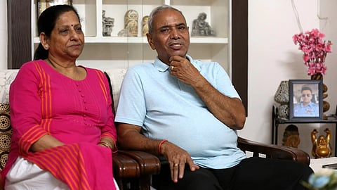 Group Captain Shubhanshu Shukla's parents Shambhu Dayal Shukla and Asha Shukla (Photo | Express)