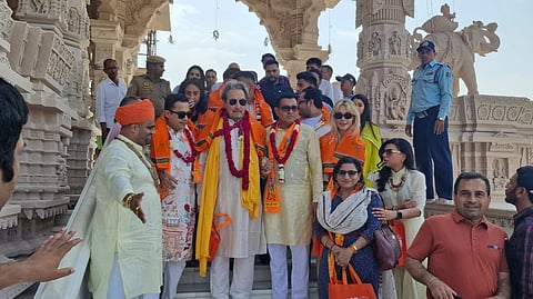 Attired in a kurta-pyjama with a saffron scarf around his neck, Errol Musk at the Ram temple