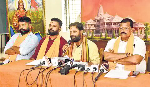 VHP leader Sunil KR addresses a press conference in Mangaluru on Wednesday