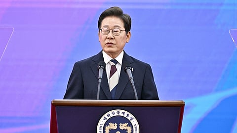 South Korea's President Lee Jae-myung delivers a speech after taking his oath during his inauguration ceremony at the National Assembly in Seoul on June 4, 2025