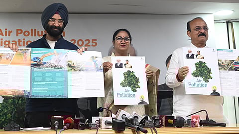 
Delhi Chief Minister Rekha Gupta with Environment Minister Manjinder Singh Sirsa and Home Minister Ashish Sood during the launch of the Air Pollution Mitigation Plan 2025 titled Shuddh Hawa Sabka Adhikar - Pradushan Par Zordar Prahar, in New Delhi, Tuesday, June, 3, 2025
