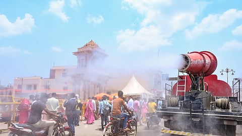  Anti-smog gun sprays water on a road near the Ram Temple entrance on a hot summer day, in Ayodhya, Uttar Pradesh, Thursday, June 5, 2025.