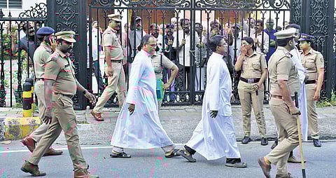 Police barricade the gate of St Mary’s Cathedral Basilica on Thursday where a  meeting was held with the dissident priests who were suspended from their posts in various parishes 