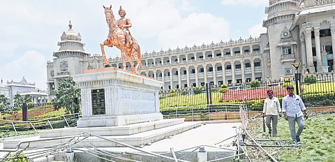 The steel railing around the  Nadaprabhu Kemegowda statue lies completly damaged, after Royal Challengers Bengaluru fans gathered in large numbers outside Vidhana Soudha 