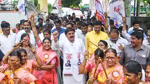 Civil supplies minister Nadendla Manohar, Vijayawada MP Kesineni Sivanath and Vijayawada East constituency MLA Gadde Ramohan take part in Peeda Veragadai Yedadi program at ISKCON temple in Vijayawada on Wednesday.