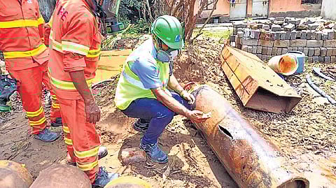 A damaged ammonia gas cylinder at the ice factory in Paradipgarh.