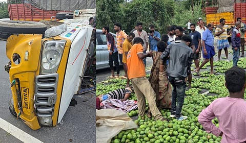 The capsized vehicle (L); injured labourers being shifted from the accident site.