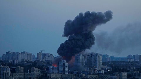 Smoke rises after a Russian air strike on Kyiv, Ukraine, on Friday, June 6, 2025.