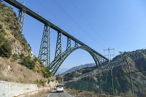 A view of the Chenab Bridge, the world’s highest rail arch bridge, in Reasi, Jammu and Kashmir.