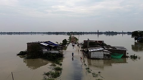 An area is completely inundated with floodwater water, in Morigaon, Assam, June 5, 2025.