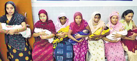 Mothers with their newborn children at medical facility in Assam's South Salmara-Mankachar district