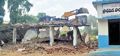 The remains of the building that was demolished in Kubeer mandal on Saturday