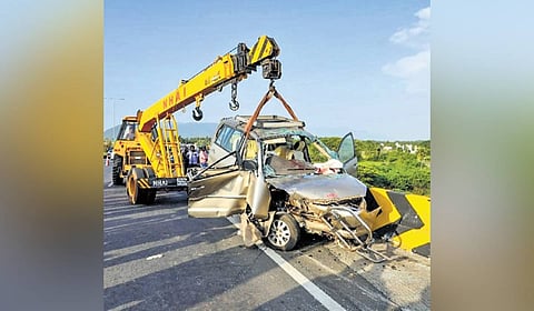 The car hit the left side retaining wall on the flyover on Saturday 