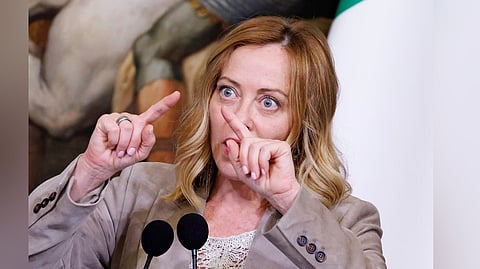 Italian Premier Giorgia Meloni speaks during a news conference at Palazzo Chigi, in Rome, Thursday, May 22, 2025.