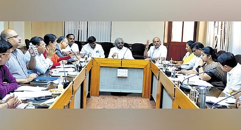 Forest Minister Eshwar Khandre convenes a meeting of MLAs, forest and revenue department officials from Chikkamagaluru district, at Vikasa Soudha in Bengaluru on Saturday