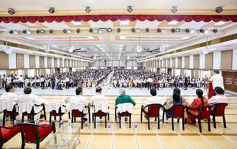 In this April 16, 2025, image, Lok Sabha LoP and Congress MP Rahul Gandhi speaks during the District Workers' Conference in Modasa, Gujarat. 
