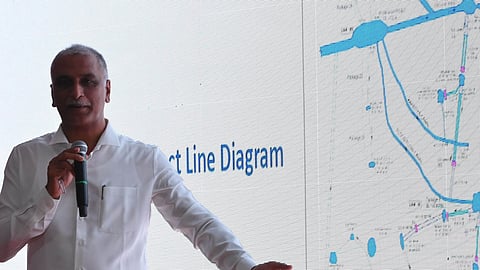 BRS MLA and former minister T Harish Rao makes a PowerPoint presentation on Kaleshwaram project at Telangana Bhavan in Hyderabad on Saturday