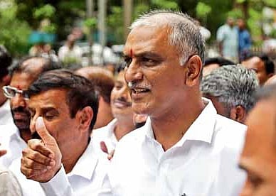 Former minister T Harish Rao gives a ‘thumbs up’ as he emerges from the BRKR Bhavan in Hyderabad on Monday following his examination by the PC Ghose Commission on Kaleshwaram