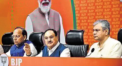 BJP chief J P Nadda, I&B Minister Ashwini Vaishnaw at the party office |  Sayantan Ghosh