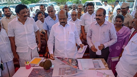 Minister for Public Works Department E V Velu inspecting works in Tirunelveli.