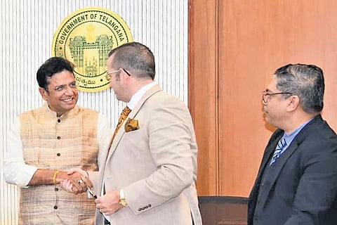 IT and Industries Minister D Sridhar Babu with representatives of Shaiva Group and Taranis Capital at the Secretariat in Hyderabad on Tuesday
