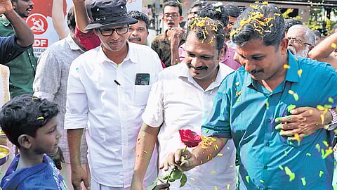 LDF candidate M Swaraj campaigning at Kaippini