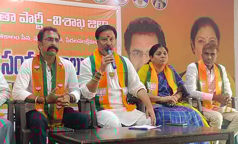 TTD board member Bhanu Parkash Reddy addressing a press conference at BJP office in Visakhapatnam on Monday.
