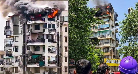 Smoke billows after a fire broke out in a residential building in Dwarka, New Delhi, Tuesday, June 10, 2025.